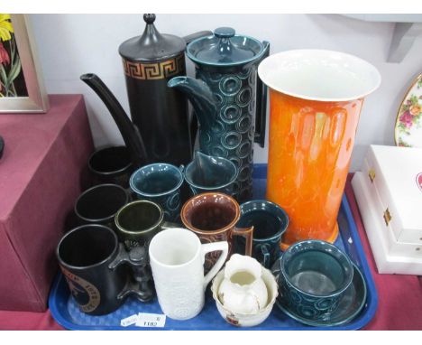 Portmeirion Greek Key Banded Coffee Pot, 32.5cm high, similar blue circle example and mugs, to include Stoke City, 1972 F.A C