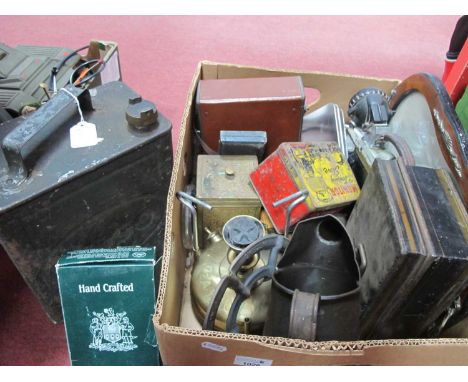 Primus Stove, oil can, Oldham type 'T' lamp, Tasco binoculars, cash box, etc:- One Box and Esso Petrol Can