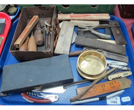 Pen Knives, cut-throat razor, magnifying glasses:- One Tray.