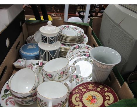 Wedgwood Vase, Wedgwood Hathaway Rose Part Tea Service, Royal Crown Derby trinket dish, etc.Vase is grey has one small chip a