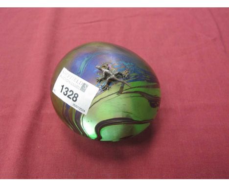 John Ditchfield Glasform Irridescent Lustre Glass Paperweight, of pebble form with silvered lizard atop, 9cm wide.