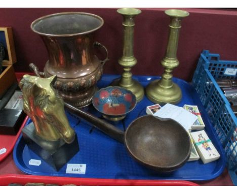 XIX Century Treen Ladle, pair of XIX Century brass candlesticks, XIX Century copper twin handle vase, black cat, cigarette ca