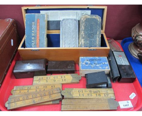 Six Boxwood Folding Rulers, including:- Rabone, Zippo 'Harley Davidson' lighter, razors in cases:- One Tray