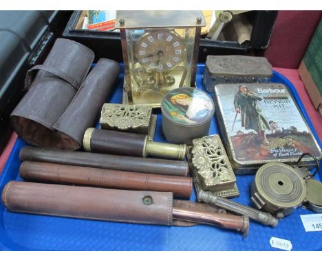 Kern Clock, brass tamp boxes, manicure set, modern compass and telescope, Barbour Repair Kit, etc:- One Tray