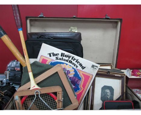 Slazenger Victory Squash Racket, prints, briefcase, records in a suitcase.