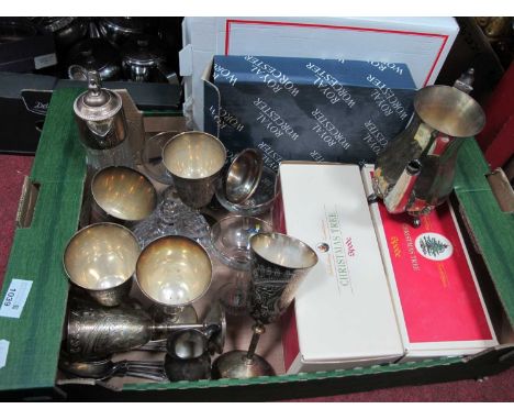 Two Spode Christmas Tree Candlesticks, claret jug, set of six EPNS table spoons, four Babycham glasses, etc.