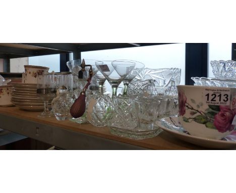 Shelf of mixed ceramics and glassware including tea sets. Not available for in-house P&amp;P, contact Paul O'Hea at Mailboxes