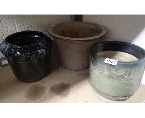 Three ceramic plant pots largest D: 33 cm. Not available for in-house P&amp;P, contact Paul O'Hea at Mailboxes on 01925 65913