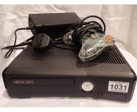 Microsoft Xbox 360 games console with one controller, power supply, AV connection and Wi-Fi adapter. Not available for in-hou