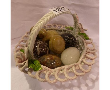 Seven onyx marble decorative eggs in a ceramic basket. Not available for in-house P&amp;P, contact Paul O'Hea at Mailboxes on