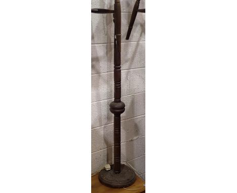 Antique turned oak standard lamp, H: 160 cm. Not available for in-house P&amp;P, contact Paul O'Hea at Mailboxes on 01925 659