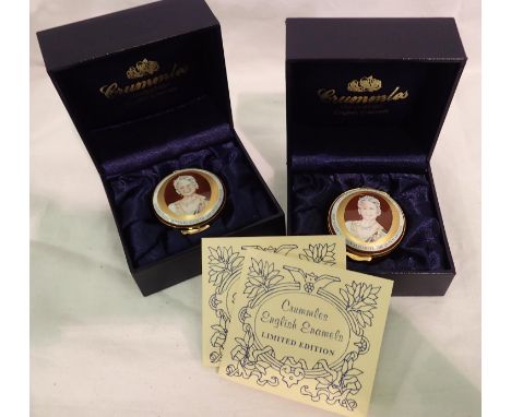 Pair of boxed Crummles enamel pots depicting the Queen Mother. P&amp;P Group 1 (£14+VAT for the first lot and £1+VAT for subs