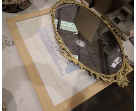 A framed print and an oval wall mirror in gilt frame, 45 x 55. Not available for in-house P&amp;P, contact Paul O'Hea at Mail