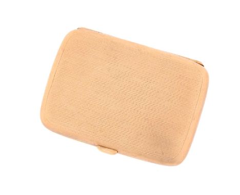 A 9 carat gold cigarette case; rounded rectangular, engine-turned; with push-button thumbpiece. 9 x 6.5cm. 75.32 grams