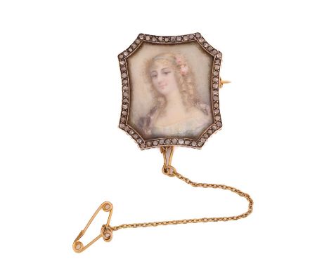 A 19th century portrait miniature brooch, the glazed frame set with rose cut diamonds enclosing a watercolour on ivory of a y