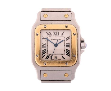 A Cartier Santos 1566 steel and gold with a 29mm case, a Swiss quartz movement, an off white dial with Roman numerals and a d