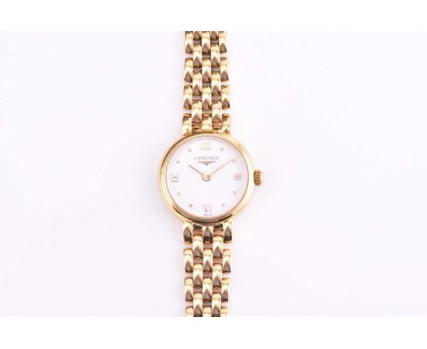 A lady's 18ct gold Longines wristwatch consisting of a swiss made quartz movement in an 18ct yellow gold case measuring 19mm 