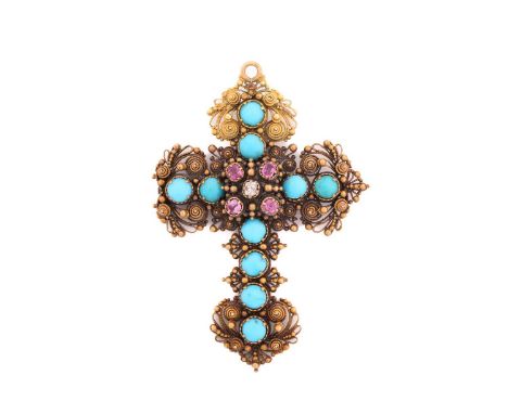 A filigree cross brooch pendant, consisting of an old cut diamond, turquoise cabochons and mixed-cut pink sapphires, claw col