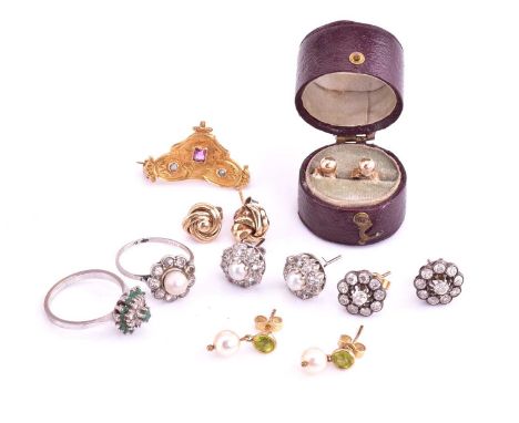 A small collection of earrings, rings and brooch. Consisting a pearl and diamond halo ring to shank engraved 'To my wife, Lov