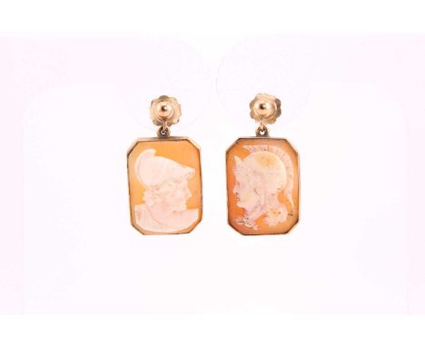 A pair of shell cameo portrait earrings, each with a classical Roman soldier profile, to yellow precious metal mounts, panels