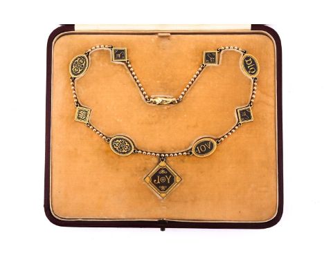 Leon Eguiazu. A bespoke Toledo style damascened steel, gold and platinum necklace; with accompanying handwritten, gilded and 
