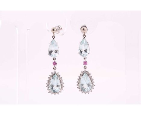 A pair of aquamarine and diamond cluster drop earrings with pink sapphire accents, each consisting of two pear-shaped aquamar