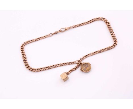 A 9ct rose gold watch chain, the uniform albert links marked, with a 9ct gold mounted bloodstone and compass swivel fob and a