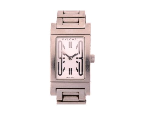 A lady's Bvlgari stainless steel quartz wristwatch, with a 21mm rectangle case and a Swiss quartz movement, a white dial with