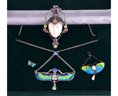 A small collection of jewellery, consisting of an Egyptian revival enamel necklace; a similar arts &amp; crafts art nouveau s