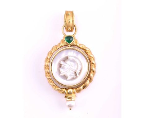 A double-sided swivel pendant, consisting of a trojan silhouette intaglio on a round onyx tablet, and a mother of pearl cameo