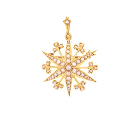 A Victorian seed pearl starburst brooch pendant, graduated seed pearls set in radiating arms and trefoil motifs, marked as '1