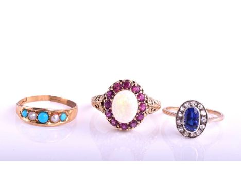 A sapphire and rose diamond oval cluster ring, ring size N; together with a Victorian 18 carat gold, split pearl and turquois