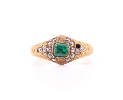 A Victorian emerald and diamond ring, consisting of a square emerald-cut emerald, approximately sized 3.9 x 3.9 mm, rub over 