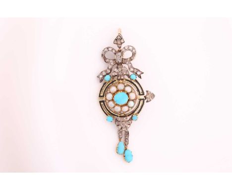 A Victorian pendant/brooch set with diamonds, turquoise and seed pearls, featuring an old cut diamond set bow, with a circula