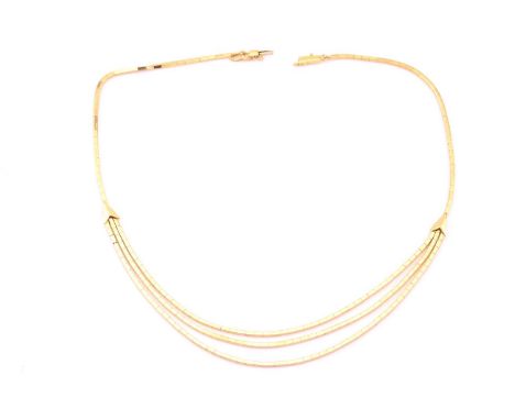 A three-stranded yellow gold box link chain, with arrow details, closed with a box clasp and figure of eight safety catch, It