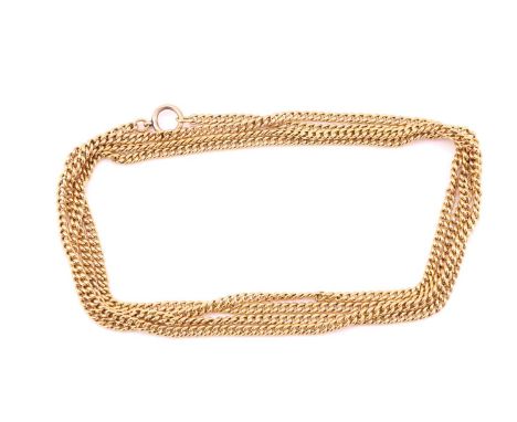 A curb chain, with spring clasp closure stamped as '15ct', approximately measuring 37 mm wide, 149 cm long, total weight of i