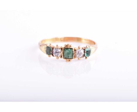 A 19th century five stone half hoop emerald and diamond ring, the mixed old cut stones in beaded and closed back setting to a