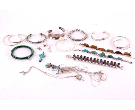 A collection of white metal jewellery mainly marked 925, comprising; an amethyst double line bracelet, an amber bracelet, a t