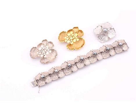 A white metal bracelet and brooch, stamped '925 Germany K&amp;L'; and two other brooches, stamped 'K&amp;L Germany', and '835