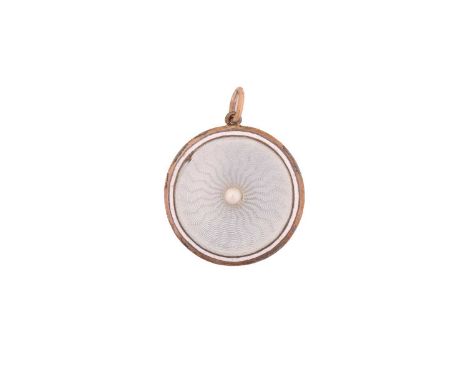 A guilloche enamel and pearl pendant, with a white enamel border, and a pearl highlight to the glazed panel, edged with a met