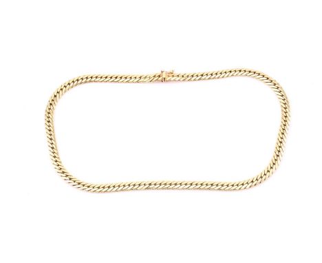 A gold flat curb link necklace, with a tongue and groove clasp and figure of eight safety catch, Italian hallmarked 585, meas