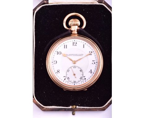 An open face gold plated pocket watch with fitted case supplied and branded W. m. Greenwood &amp; Sons Leeds and Huddersfield