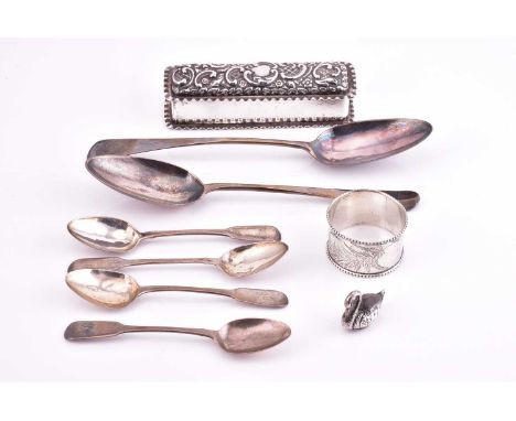 Two early George III silver table spoons, 1771 &amp; 1788, the latter Thomas Wallis II, a set of four Geo III teaspoons, Solo