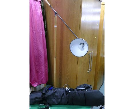 Modern adjustable freestanding wooden and metal lamp and camping chair 