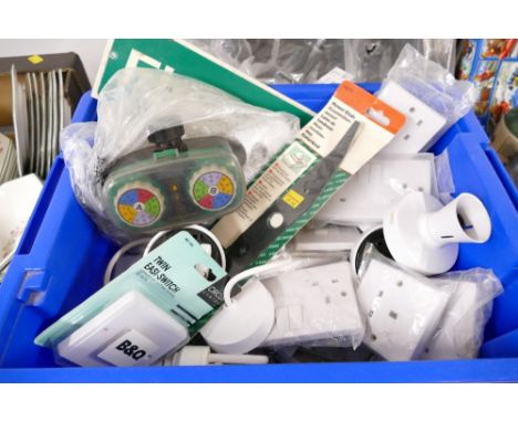 Box of electrical equipment including sockets and switches, light fittings etc  