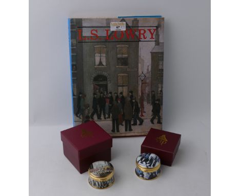 Two ceramic pill boxes decorated with Lowry designs, A Fight 1935 and Coming From the Mill 1930, with boxes, and Lowry hardba