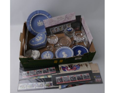 Box of commemorative ware, Jasperware, crystal paperweights and First Day Covers