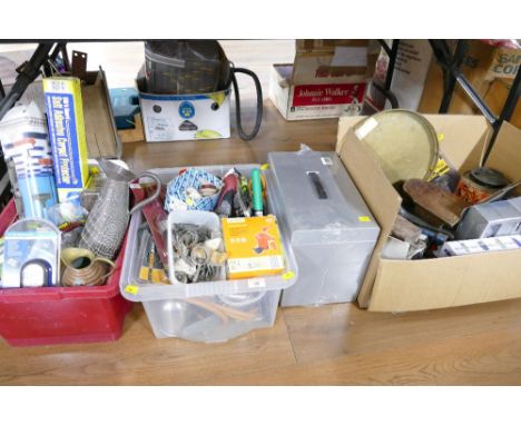 Four boxes of tools, filing storage box, gardening accessories, garage equipment etc