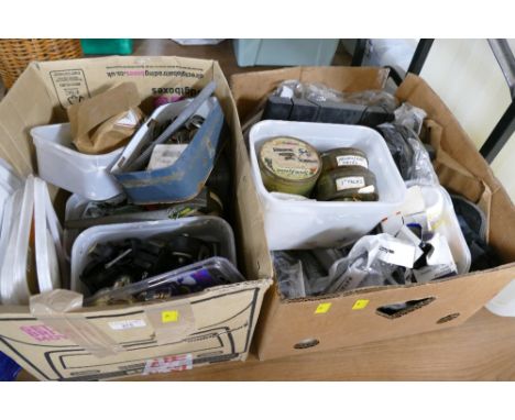 Two boxes of tools, bolts, tacks, protective glasses etc