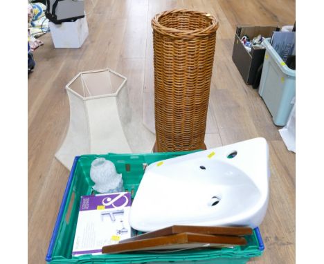 Wicker umbrella stand, lamp shades, cloakroom basin, Cook & Lewis taps, pictures etc